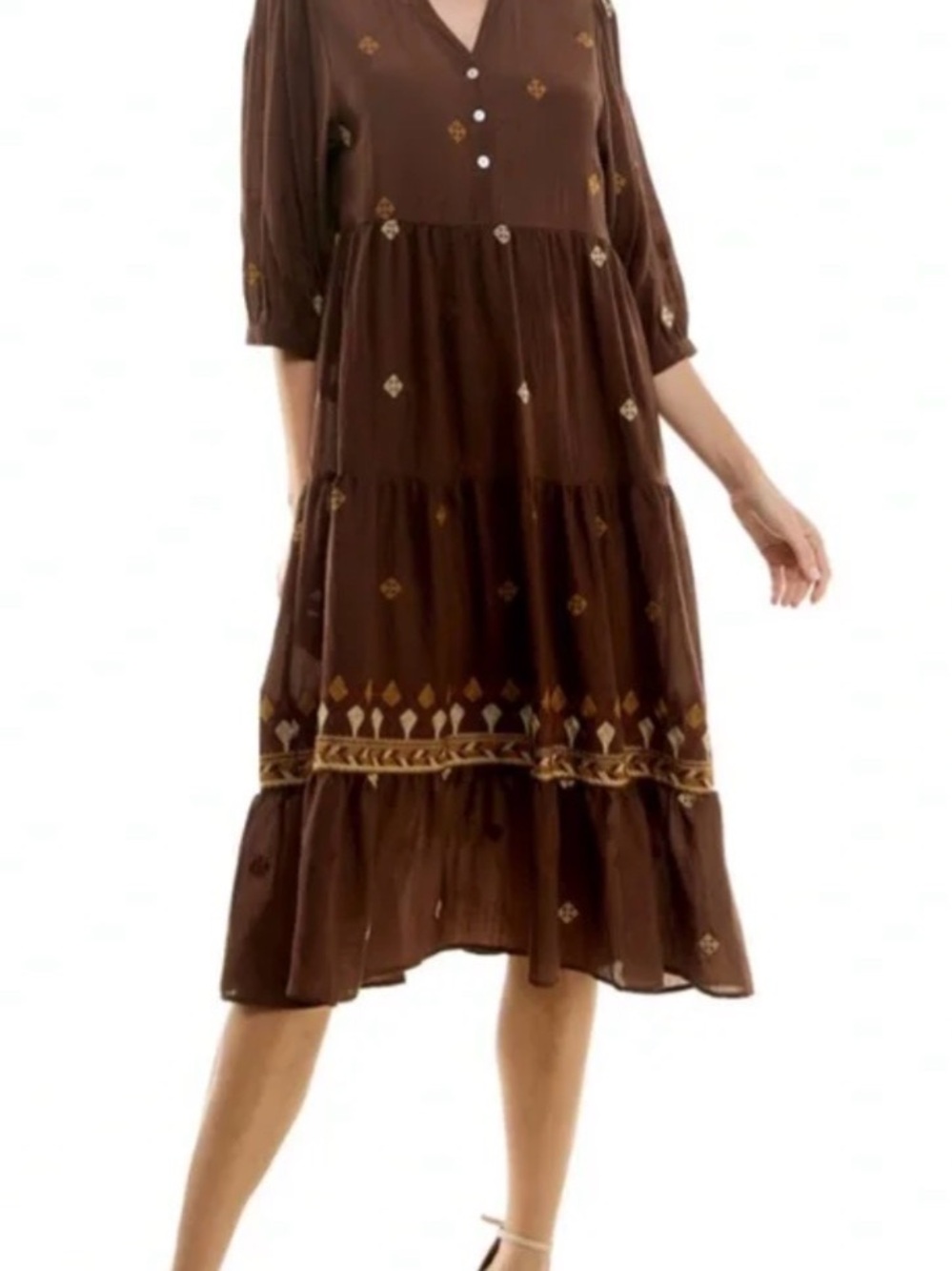 Embroidered Brown Tiered Midi Dress with Gold Accents